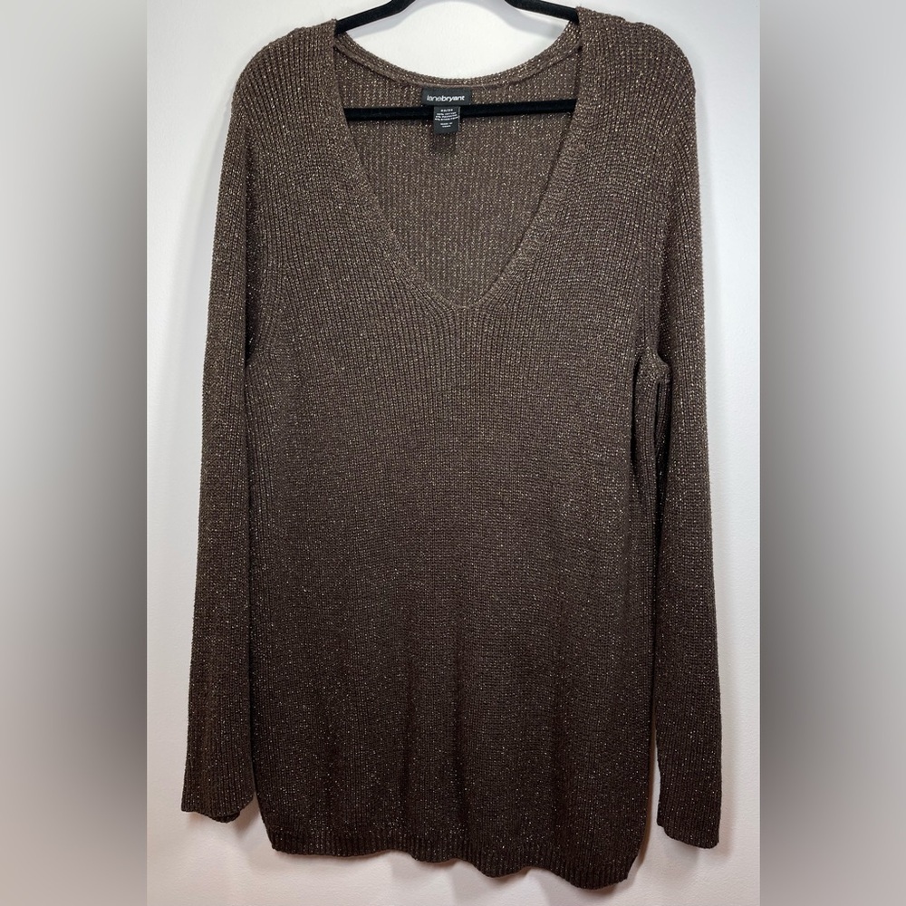 LANE BRYANT Brown & Gold Metallic V Neck Long Sleeve‎ Knit Sweater Size 22/24